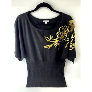 Vintage Caché Women’s Size 
L Embellished‎ Sequin Black Gold Floral  Blouse Top